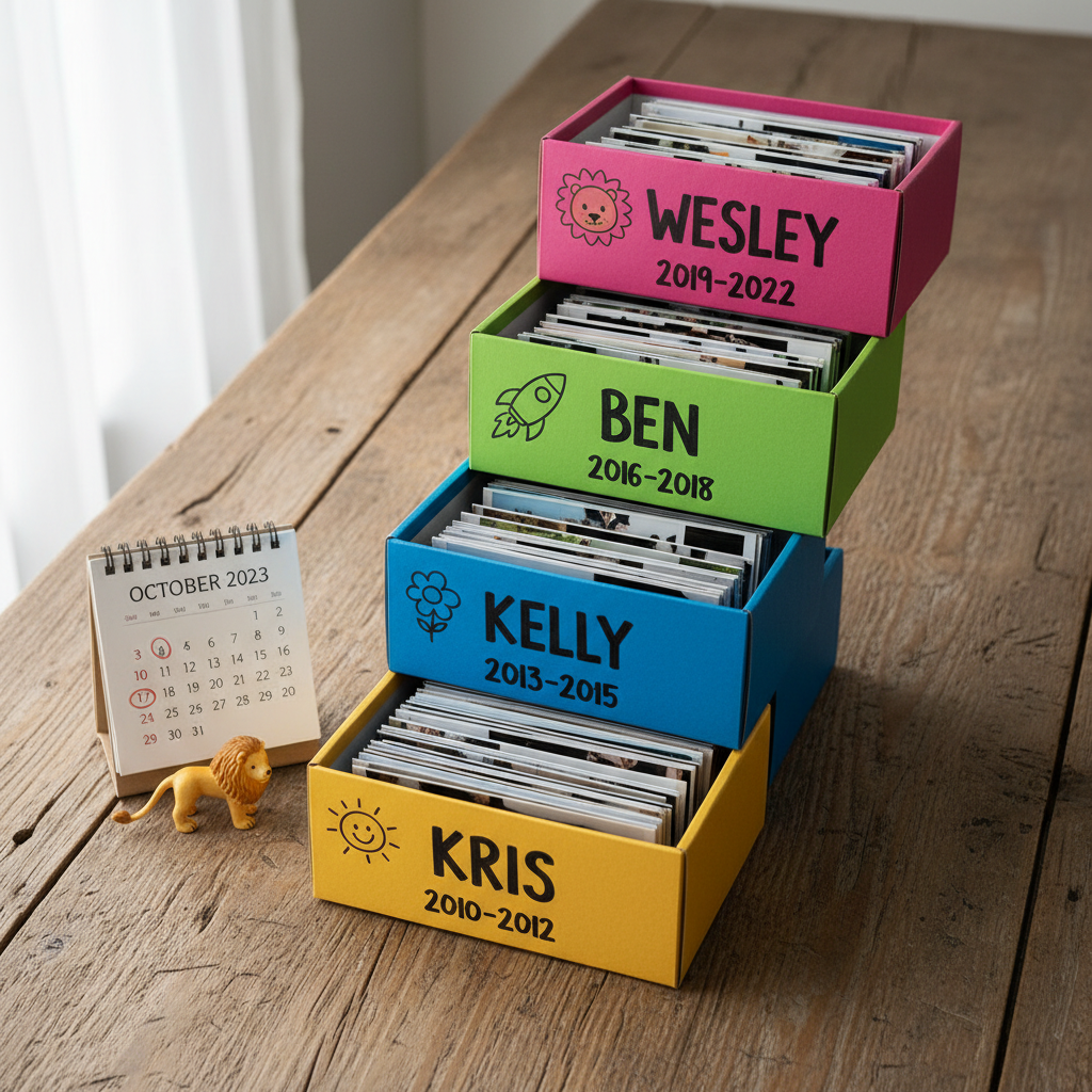 Four distinct, neatly stacked photo shoeboxes on a rustic wooden table, each box a different bright color and labeled with bold, hand-drawn icons representing Kris, Kelly, Ben, and Wesley, plus years written along the sides. The lids are slightly open, revealing tightly packed, glossy photo prints inside. A small paper calendar and a miniature toy lion sit nearby, hinting at family events and the site’s playful Lionfam personality. Soft, overcast daylight from a nearby window creates gentle, even lighting with minimal shadows. Photographic realism, top-down view composition, with sharp focus throughout to emphasize textures of cardboard, paper, and wood, communicating careful organization of photos by family member and year.