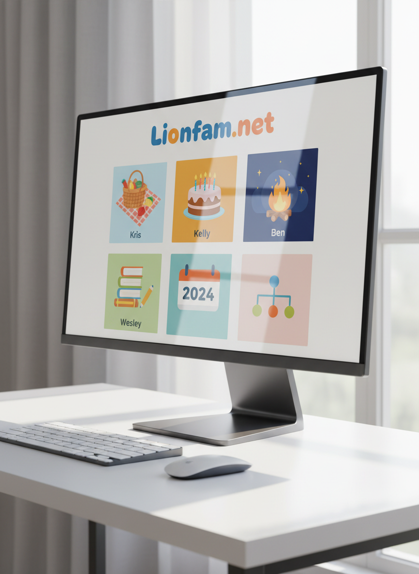 A wide desktop computer monitor on a tidy white desk, displaying a colorful, grid-style family website layout titled "Lionfam.net" at the top of the screen. Each tile on the homepage is a vivid thumbnail representing pages for Kris, Kelly, Ben, and Wesley, plus a tile labeled by year. The thumbnails show abstract, people-free family scenes like a picnic blanket, a birthday cake, and a campfire. Soft, diffused morning light from a nearby window casts gentle reflections on the monitor and keyboard. Photographic realism, shot from a three-quarters angle, creating a clean, playful, tech-savvy atmosphere that suggests organized digital family memories and events.