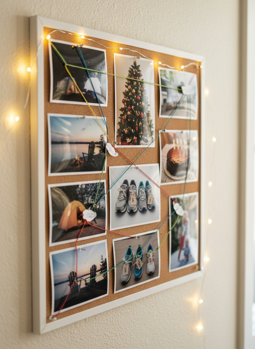 A sturdy corkboard mounted on a light-colored wall, covered with pinned, borderless glossy photo prints showing people-free family moments: a decorated Christmas tree, four pairs of different-sized sneakers in a row labeled with initials K, K, B, W on tags, a birthday cake with four candles, and a lakeside campsite at sunset. Colorful string connecting the photos creates sections by year. Warm fairy lights draped across the top cast a cozy glow, creating soft highlights on the glossy surfaces. Photographic realism, slightly angled composition, with a shallow depth of field that keeps the central cluster sharp while edges fade into a pleasant blur, conveying playful organization of family memories.