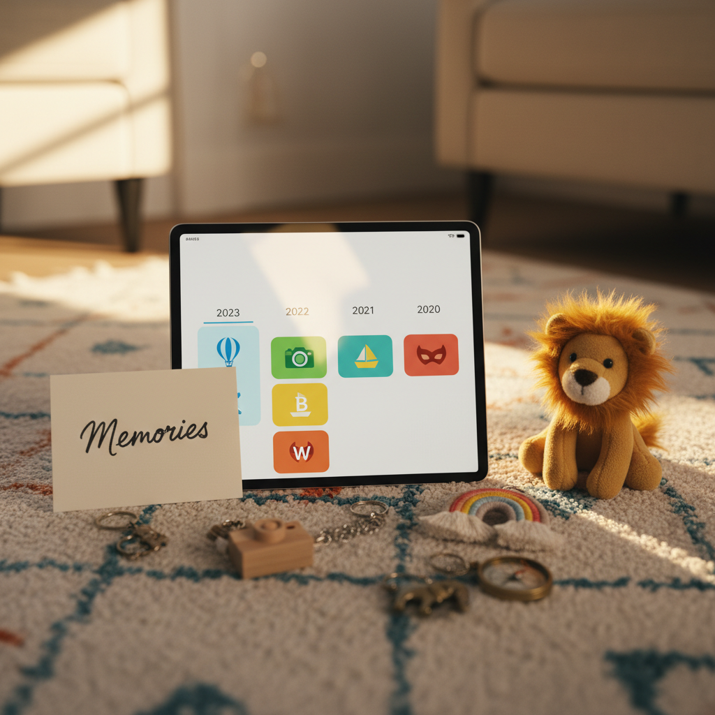 An organized digital photo library displayed on a tablet lying on a patterned family-room rug, surrounded by playful props: a small plush lion, a set of four distinct keychains, and a handwritten card reading "Memories" without showing any people. On the screen, folders are arranged by year, with subfolders clearly labeled with the initials K, K, B, and W, each represented by colorful iconography. Soft late-afternoon sunlight filters in from a nearby window, casting diagonal highlights across the glass surface. Photographic realism, slightly elevated camera angle, with a shallow depth of field that keeps the tablet crisp while gently blurring the surrounding objects, conveying a modern, cozy way to browse family photos and events.