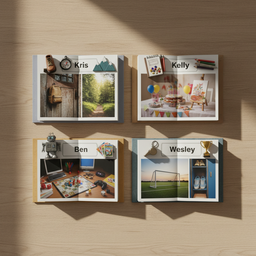 A playful, photo-realistic flat lay of four open mini photo books arranged in a square on a light oak table, each book subtly themed for Kris, Kelly, Ben, or Wesley using symbolic objects on the covers such as a hiking boot, a sketchbook, a toy robot, and a soccer ball. Inside pages show people-free scenes like backpacks at a school door, a decorated birthday table, and a board game in progress. Soft window light from the left creates gentle highlights on the glossy pages and faint shadows toward the right, producing a warm, inviting atmosphere. Photographic realism, shot from directly above with balanced composition, emphasizing personal pages for each family member.