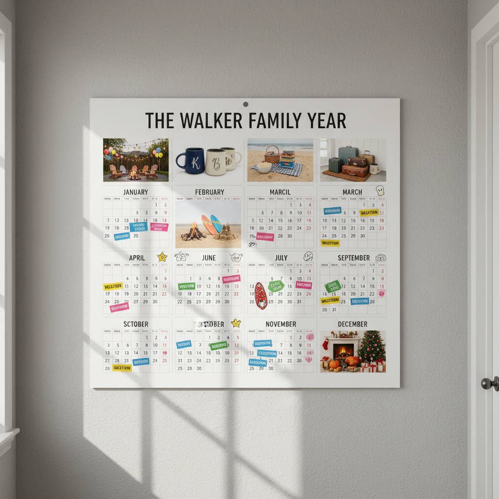 A large, modern wall calendar spanning an entire year, hanging in a bright hallway. Each month features a small, people-free family-themed photograph at the top: a decorated backyard for a party, a set of four mugs with initials K, K, B, W, a packed suitcase trio on a doormat. Colorful stickers and doodles mark family events like reunions, vacations, and game nights. Sunlight streams in from a side window, casting soft, angled shadows and creating a cheerful, energetic mood. Photographic realism, eye-level, straight-on composition, with crisp focus that allows all months to be legible, conveying the planning and sharing of family memories over time.